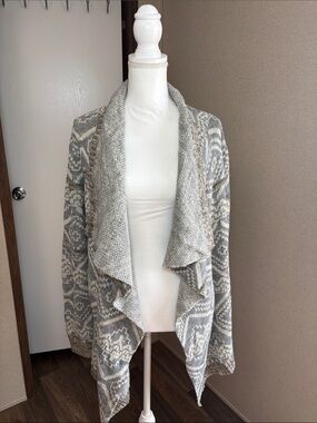 Blu Pepper Womens Waterfall Cardigan Sz L Gray Cream Southwestern Geometric Boho